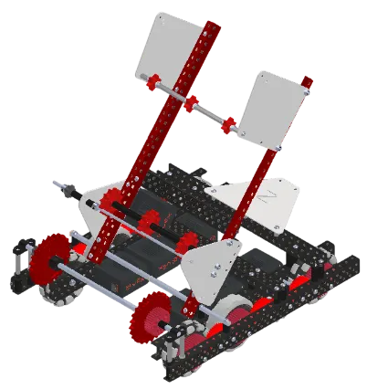 Inventor render of the full robot, a red and black frame with a tall angled lift carrying white polycarbonate plates.