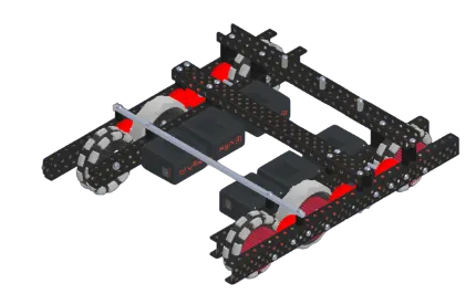 Inventor render of the chassis, a black C-channel frame with wheels and motors.