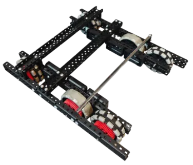 Inventor render of the chassis from a second angle, a black C-channel frame with wheels and motors.