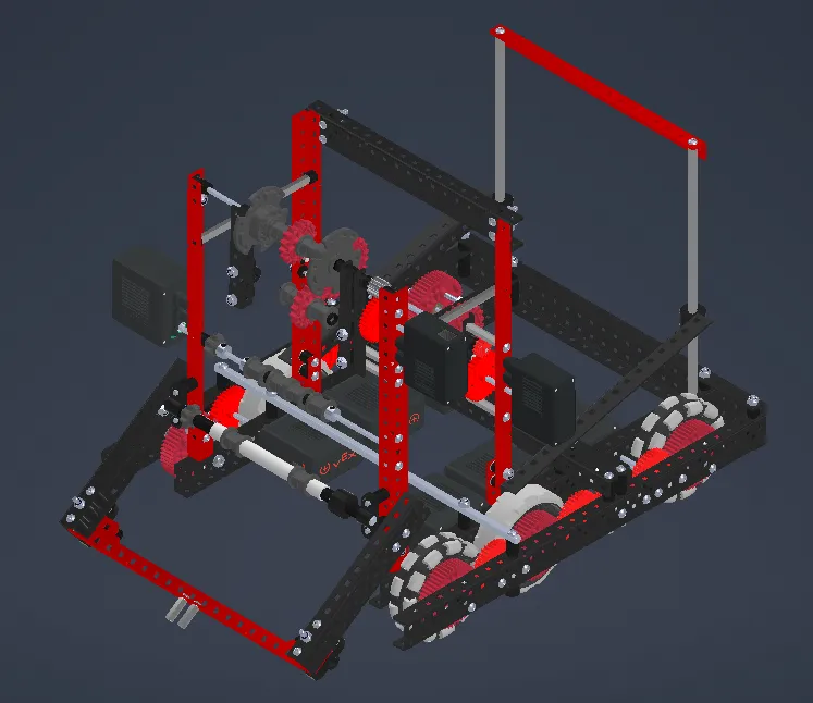 Inventor render of the first hopper-style robot, a red and black aluminum frame with a tall rear structure.