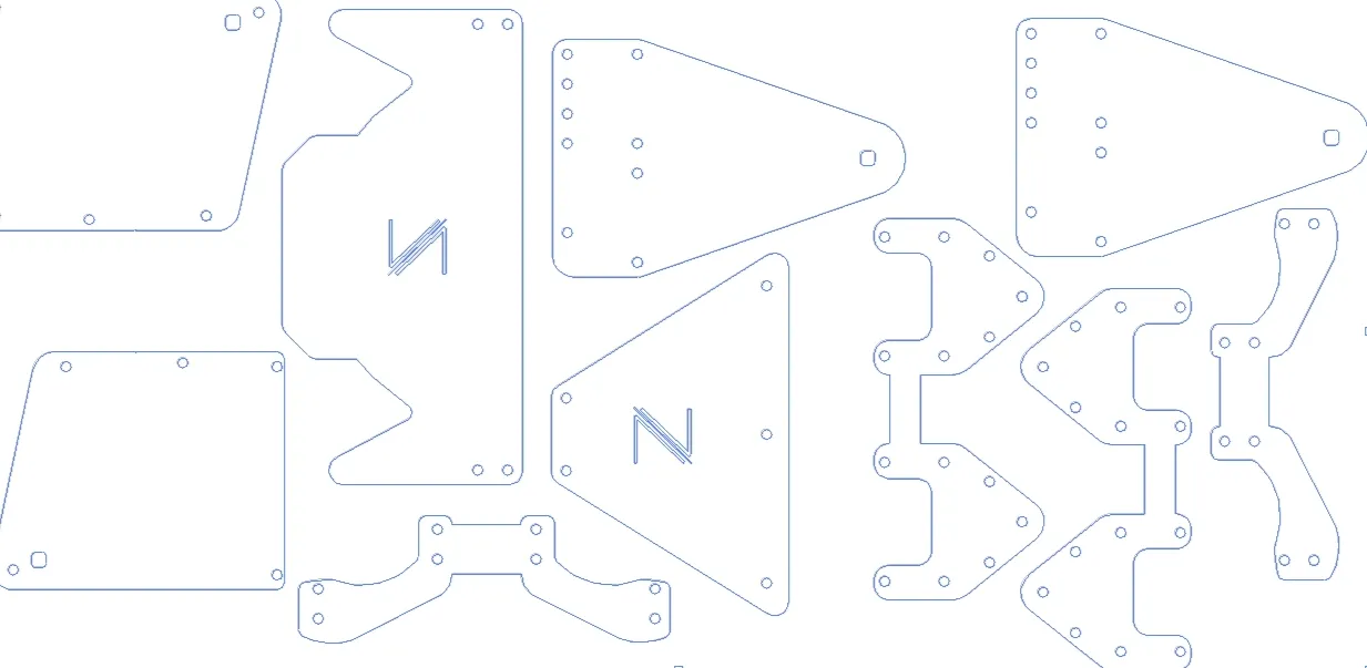 Line drawing of many polycarbonate parts nested closely on one sheet.